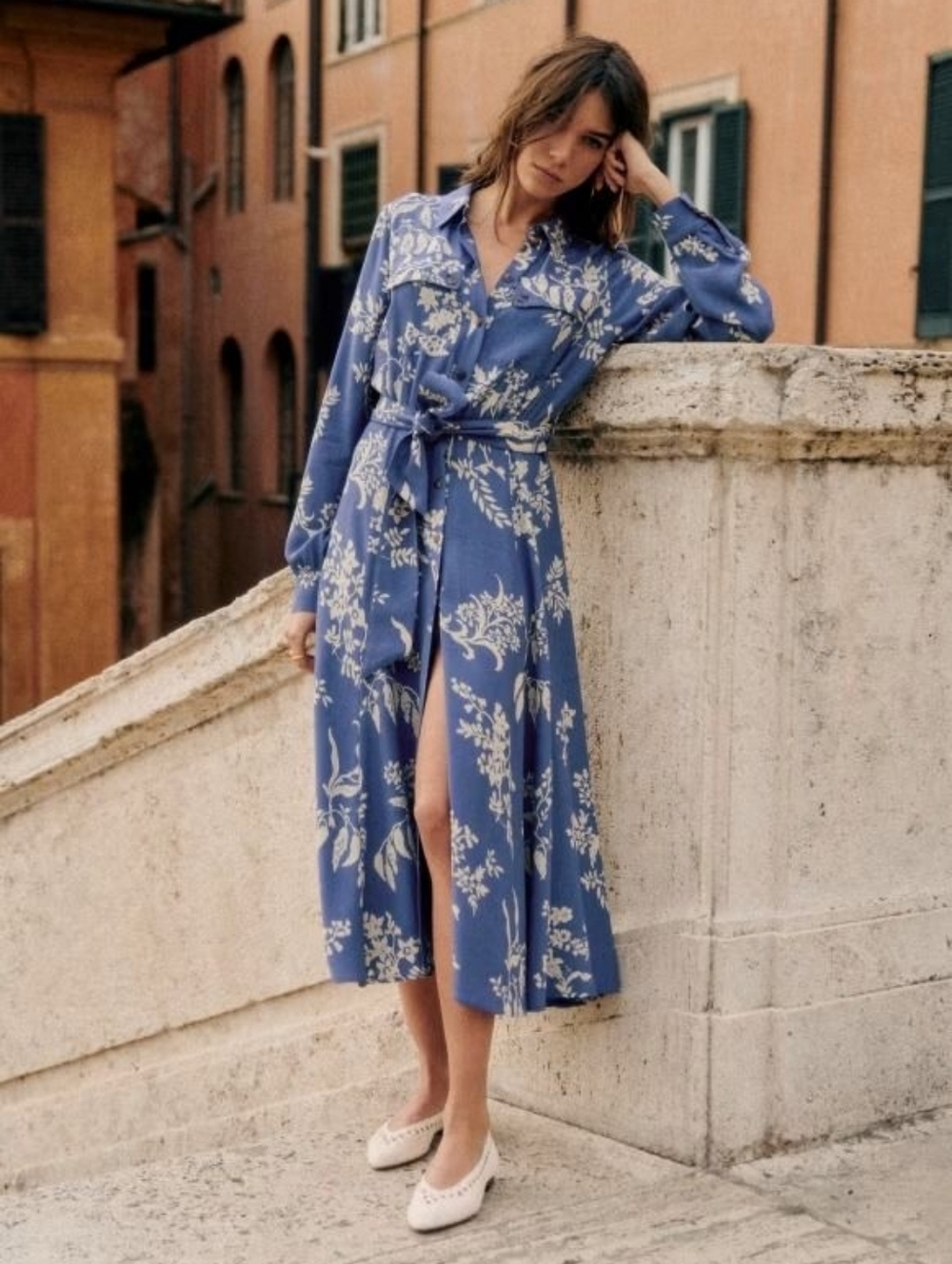 Sezane Lauretta Blue Floral Button-Front Midi Dress Size 38, US 6